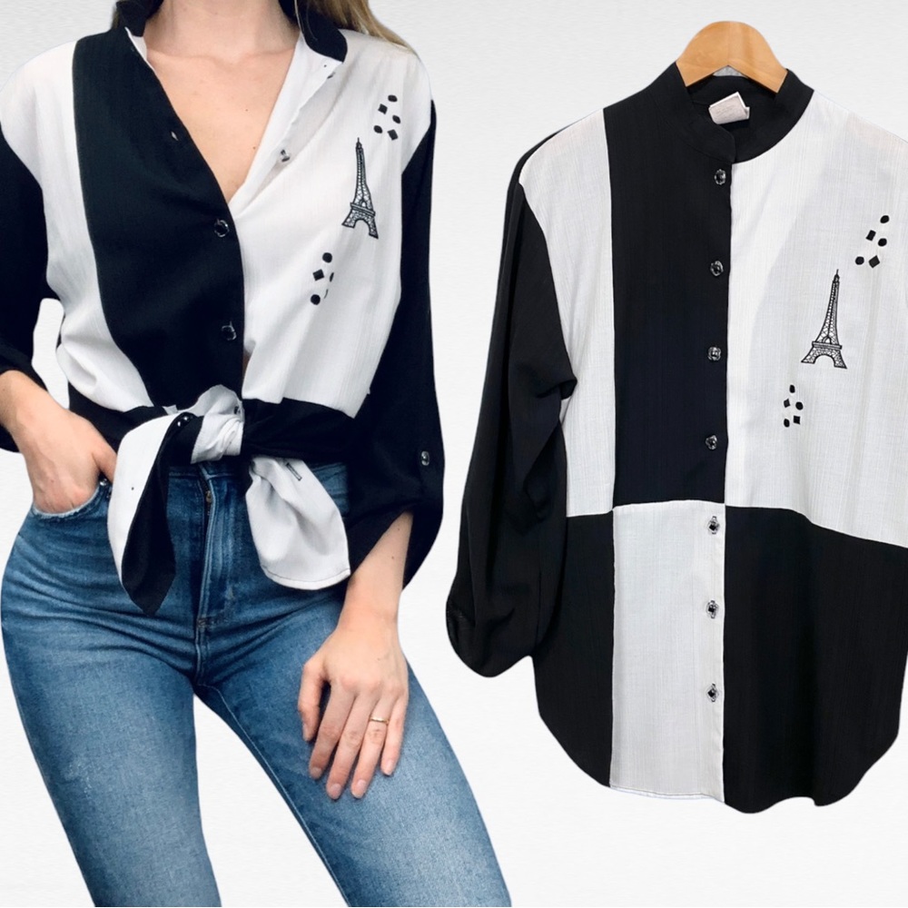 VINTAGE | Paris Eiffel Tower Colorblock Mao Collar Long Sleeve Button Down Shirt